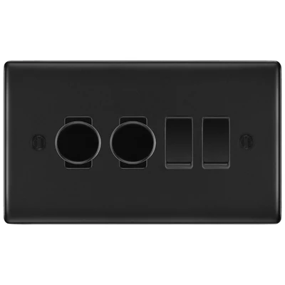 BG Nexus Matt Black 4 Gang Light Switch Grid – 2x Trailing-Edge LED Dimmer, 1x Intermediate, 1x 2-Way Switch by British General (BG-Nexus-FB-4G-2x-Dimmer-1x-INT-1x-2Way)