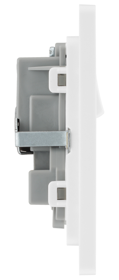 PCDBS22W Side - This Evolve Brushed Steel 13A double switched socket from British General has been designed with angled in line colour coded terminals and backed out captive screws for ease of installation, and fits a 25mm back box making it an ideal retro-fit replacement for existing sockets.