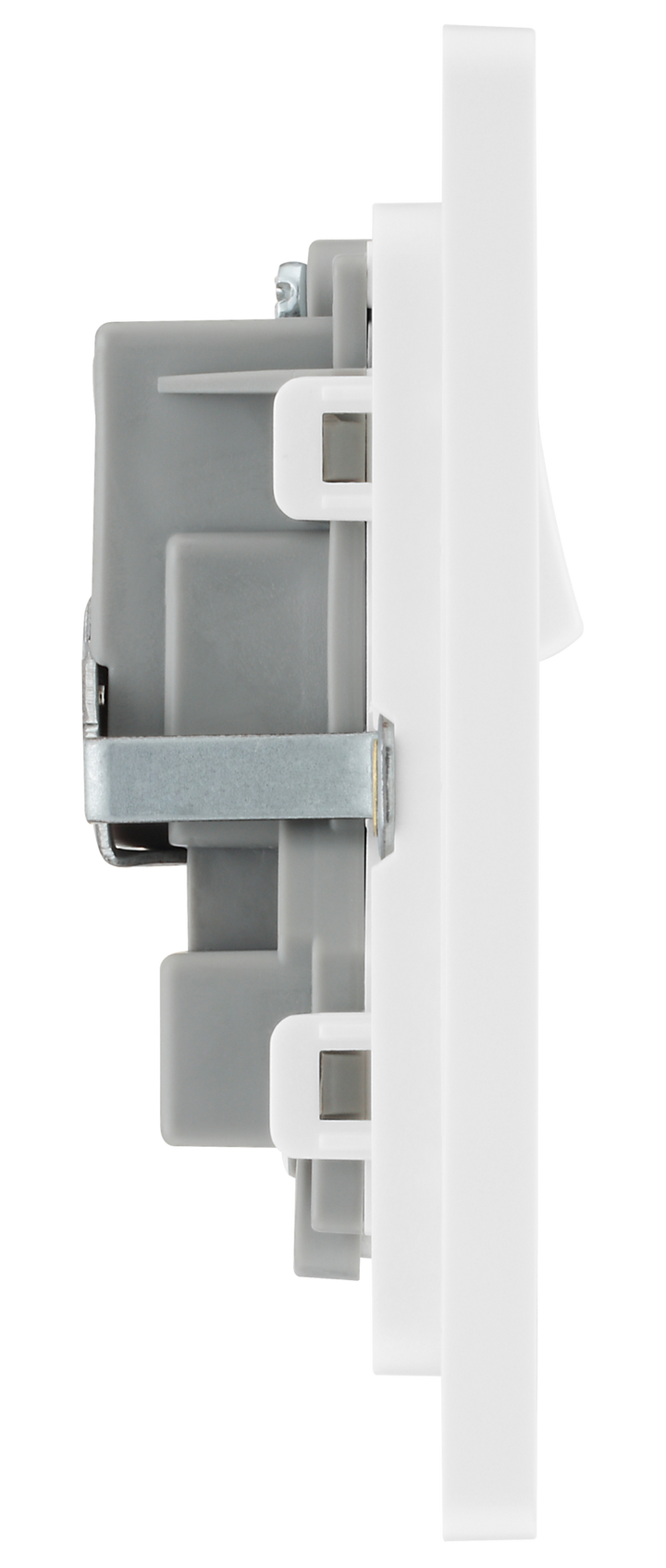 PCDBS22W Side - This Evolve Brushed Steel 13A double switched socket from British General has been designed with angled in line colour coded terminals and backed out captive screws for ease of installation, and fits a 25mm back box making it an ideal retro-fit replacement for existing sockets.