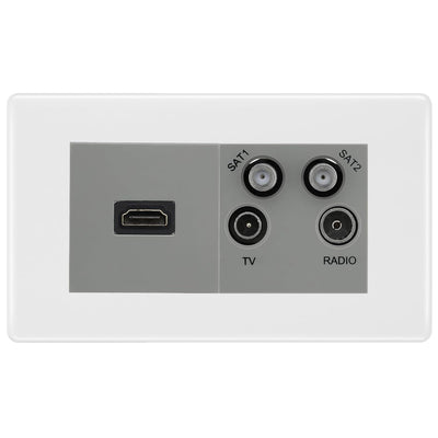BG Nexus White Moulded 4G Faceplate with HDMI + TV/FM/SAT Module - Grey Insert by British General (BG-8EMR4-HDMI-TVFM2G)