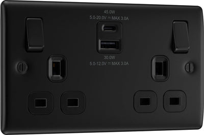 BG NFB22UAC45B Nexus Metal Matt Black 2 Gang 13A 1x USB-QC A 30W 1x USB-PD C 45W Switched Socket