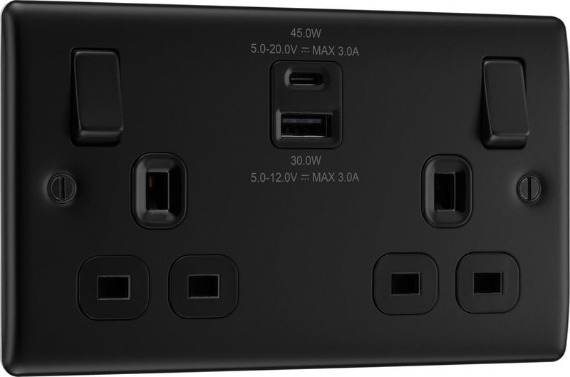 BG NFB22UAC45B Nexus Metal Matt Black 2 Gang 13A 1x USB-QC A 30W 1x USB-PD C 45W Switched Socket