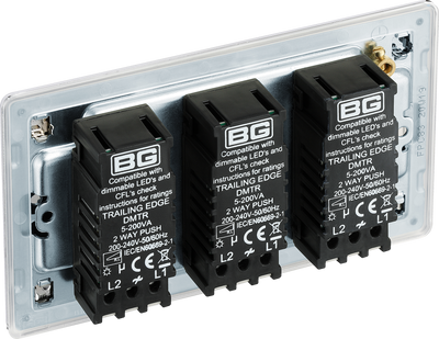 BG Electrical FPC83 Nexus Flatplate Screwless Polished Chrome 3 Gang 200W 2 Way Trailing-Edge Push Dimmer Switch