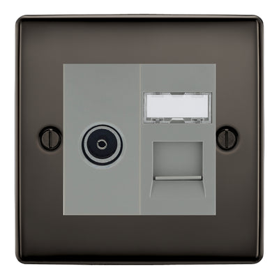 BG Nexus Black Nickel TV Aerial & RJ45 CAT6 Data Socket - Grey Insert by British General
