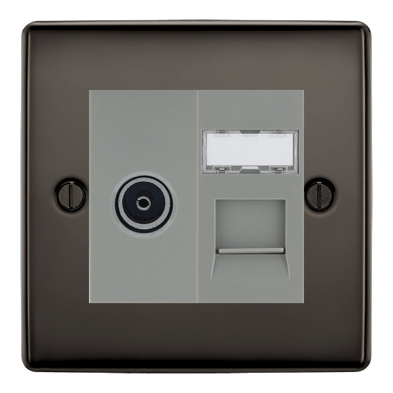 BG Nexus Black Nickel TV Aerial & RJ45 CAT6 Data Socket - Grey Insert
