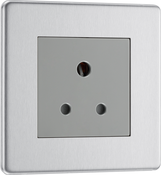 FBS29G Front - This 5A round pin socket from British General can be used to connect lamps to a lighting circuit. The brushed steel finish has an anti-fingerprint lacquer and slim clip-on/off front-plate to add a touch of luxury to your decor.