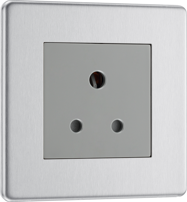 FBS29G Front - This 5A round pin socket from British General can be used to connect lamps to a lighting circuit. The brushed steel finish has an anti-fingerprint lacquer and slim clip-on/off front-plate to add a touch of luxury to your decor.