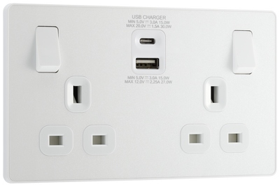 BG PCDCL22UAC30W Pearlescent White Evolve 2 Gang 13A 1x USB-QC A 27W 1x USB-PD C 30W Switched Socket - White Insert