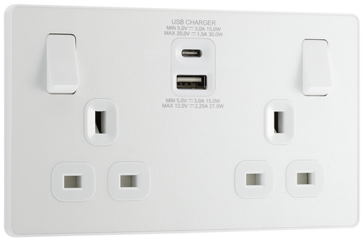 PCDCL22UAC30W Front - This Evolve pearlescent white 13A power socket from British General with integrated fast charge USB-A and USB-C ports delivers a 50% charge to mobile phones in just 30 minutes. 