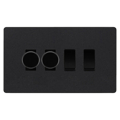 BG Evolve Matt Black 4 Gang Light Switch 2x Trailing Edge LED Dimmer 2x 2 Way Custom Switch by British General (BG-Evolve-MB-CUSTOM-4G-2xDIMMER-2x2WAY)
