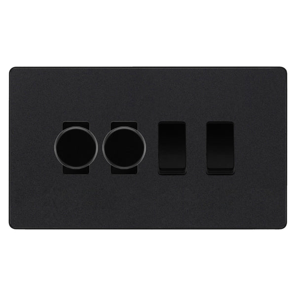 BG Evolve Matt Black 4 Gang Light Switch 2x Trailing Edge LED Dimmer 2x 2 Way Custom Switch