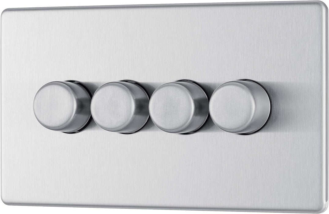 BG FBS84P Flatplate Screwless 4 Gang, 2 Way, 400w Brushed Steel Dimmer Switches