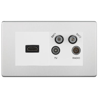 BG Screwless Brushed Steel 4G Faceplate with HDMI + TV/FM/SAT Module - White by British General (BG-FBSEMR4-HDMI-TVFM2W)