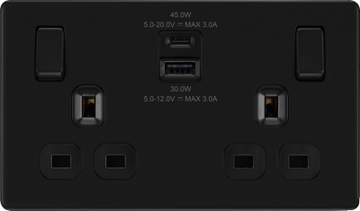 BG Screwless FFB22UAC45B Matt Black Double Socket with USB 45W Type A & C USB