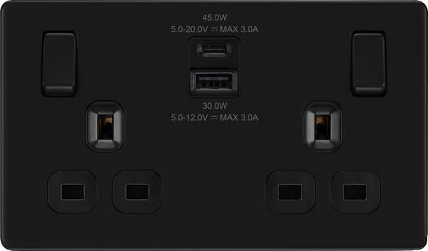 BG Screwless FFB22UAC45B Matt Black Double Socket with USB 45W Type A & C USB