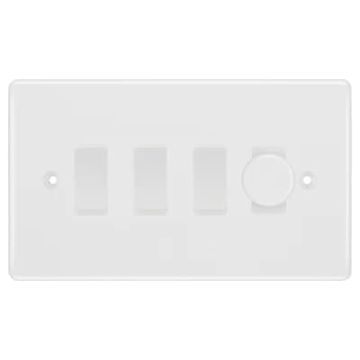 BG Nexus White Moulded 4 Gang Switch 1x Trailing Edge LED Dimmer 3x Intermediate Custom Grid Switch