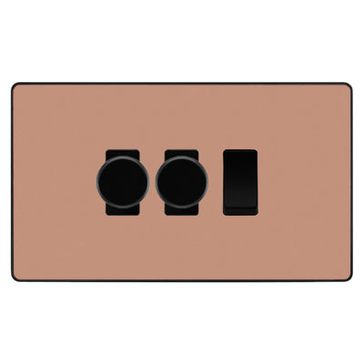 BG Evolve Polished Copper 3 Gang Light Switch 2x Trailing Edge LED Dimmer 1x 2 Way Custom Switch by British General (Evolve-PC-CUSTOM-3GANG-2xDIMMER-1x 2WAY)