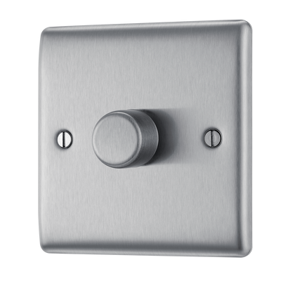 BG NBS81 Nexus Metal Brushed Steel 1 Gang 200W 2 Way Trailing Edge Push Type Dimmer Switch