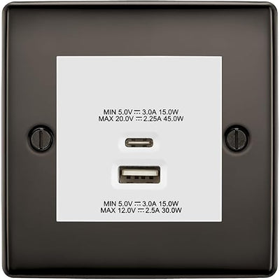 BG Nexus Black Nickel 45W USB Wall Socket Euro Module USB-A & C - White Insert by British General (BG-NBNEMS2+EMUSBAC45W)