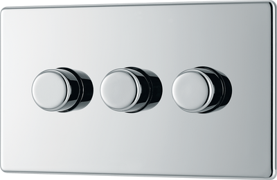 BG Electrical FPC83 Nexus Flatplate Screwless Polished Chrome 3 Gang 200W 2 Way Trailing-Edge Push Dimmer Switch