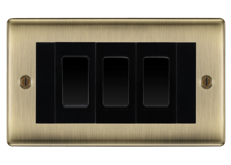 BG Nexus Antique Brass 3 Gang Intermediate Light Switch Custom Grid - Black Insert