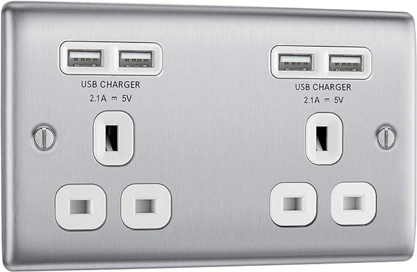 BG NBS24U44W Nexus Metal Brushed Steel 2 Gang 13A 4x USB-A 4.2A Unswitched Socket - White Insert