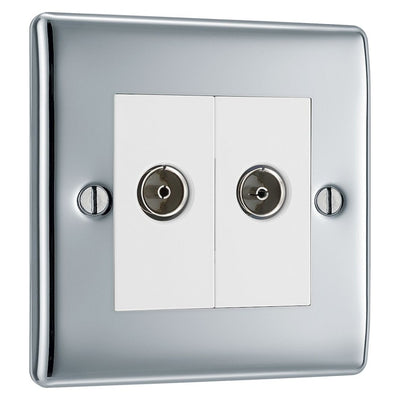 BG Nexus Polished Chrome 2 Gang Isolated Co-Axial Socket NPC63 with 35mm Steel Back Box