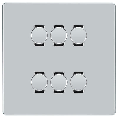 BG Polished Chrome Screwless Flat Plate 6 Gang Trailing Edge LED Dimmer Light Switch 2 Way Custom Switch by British General (SCREWLESS-PC-6G-CUSTOM-6xDIMMER-2Way)