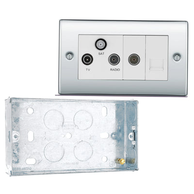 BG Nexus Polished Chrome Triplex TV/FM/Sat Socket + Return & Tel. NPC68 with 25mm Steel Back Box by British General (BG-NPC68+HGS04)