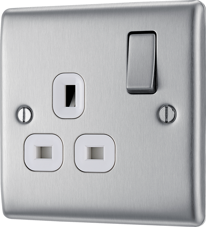 NBS21W Front - This brushed steel finish 13A single switched socket from British General has a sleek and slim profile with softly rounded edges, anti-fingerprint lacquer and no visible plastic around the switch for a luxurious finish.