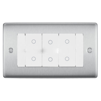BG Nexus Brushed Steel Triple Master Touch Dimmer Switch White Inserts NBSTDM3W by British General (BG-EMTDMW+NBSEMR4)