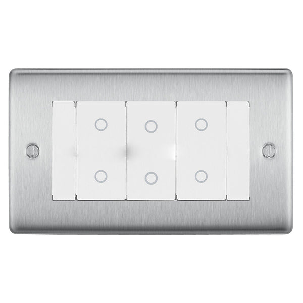 BG Nexus Brushed Steel Triple Master Touch Dimmer Switch White Inserts NBSTDM3W