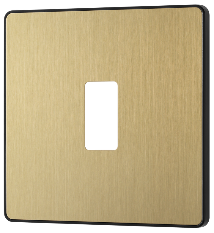 RPCDSB1B Front - The Grid modular range from British General allows you to build your own module configuration with a variety of combinations and finishes. This satin brass finish Evolve front plate clips on for a seamless finish, and can accommodate 1 Grid module - ideal for switches and other domestic applications.