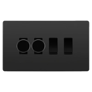 BG Evolve Black Chrome 4 Gang Light Switch Grid – 2x Trailing-Edge LED Dimmer, 1x Intermediate, 1x 2-Way Switch by British General (BG-Evolve-BC-4G-2x-Dimmer-1x-INT-1x-2Way)