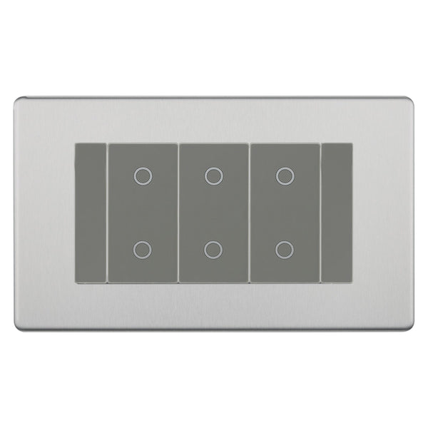 BG Nexus Screwless Brushed Steel Triple Secondary Touch Dimmer Switch Grey Inserts FBSTDS3G