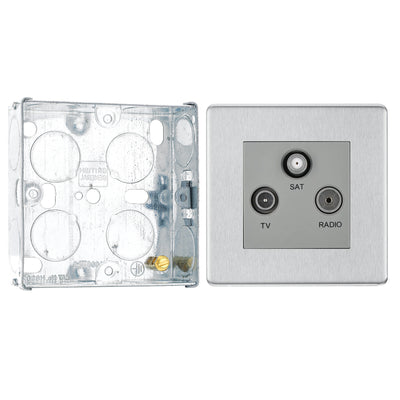 BG Screwless Brushed Steel Triplex TV/FM/Sat Socket FBS67 with 25mm Steel Back Box by British General (BG-FBS67+HGS02)