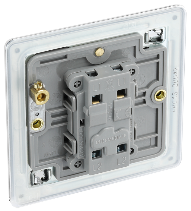 FPC13 Back - This Screwless Flat plate polished chrome finish 20A 16AX intermediate light switch from British General should be used as the middle switch when you need to operate one light from 3 different locations such as either end of a hallway and at the top of the stairs.