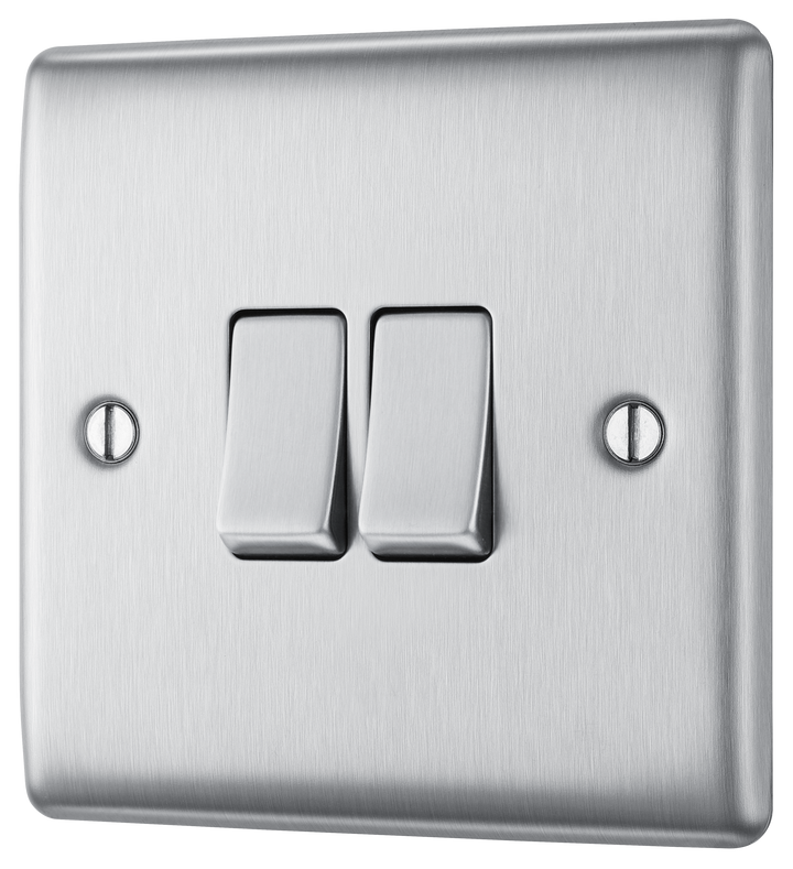 NBS42 Front -This brushed steel finish 20A 16AX double light switch from British General can operate 2 different lights whilst the 2 way switching allows a second switch to be added to the circuit to operate the same light from another location (e.g. at the top and bottom of the stairs).