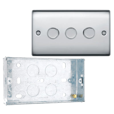 BG Nexus Polished Chrome 200W 2 Way Triple Trailing Edge Dimmer Switch NPC83 with 25mm Steel Back Box by British General (BG-NPC83+HGS04)