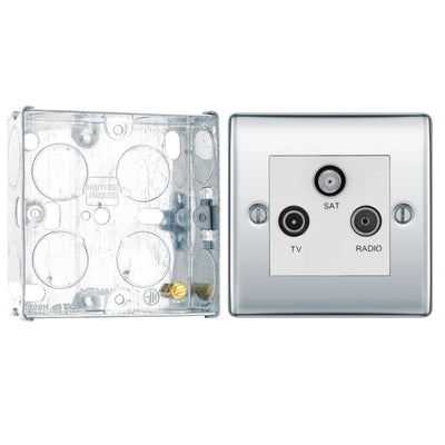 BG Nexus Polished Chrome Triplex TV/FM/Sat Socket NPC67 with 25mm Steel Back Box by British General (BG-NPC67+HGS02)