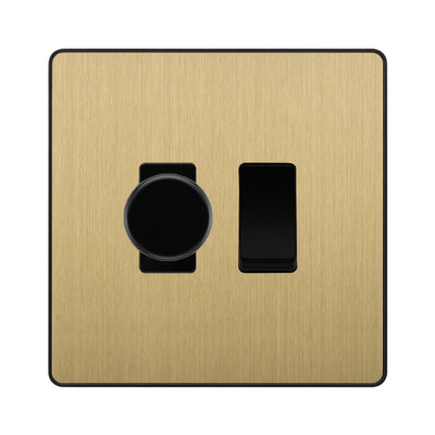 BG Evolve Satin Brass 2 Gang Switch 1x Trailing Edge LED Dimmer 1x Intermediate Grid Switch by British General (BG-Evolve-SB-2G-CUSTOM-1x-Dimmer-1x-INT)