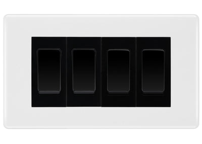 BG White Moulded 4-Gang Light Switch 2x 2-Way + 2x Intermediate – Black Inserts by British General (BG-Nexus-WM-4G-Combo-2x INT-2x 2WAY-BL)