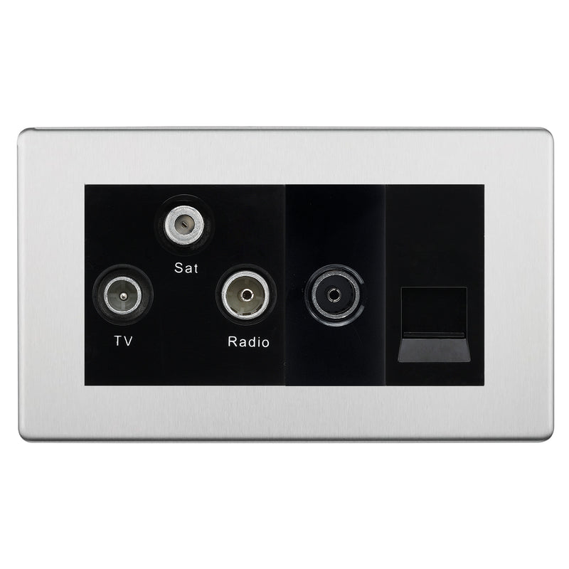 BG Screwless Brushed Steel TV/FM/SAT + Return & 1 Gang Tel - Screened Triplex Socket FBS68B