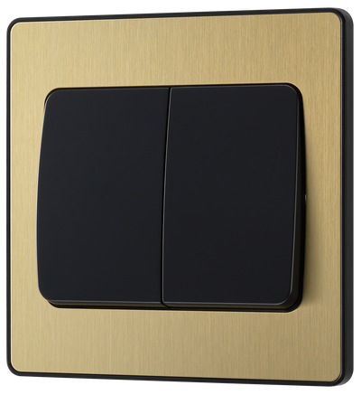 PCDSB42WB Front - This Evolve Satin Brass 20A 16AX double light switch from British General can operate 2 different lights, whilst the 2 way switching allows a second switch to be added to the circuit to operate the same light from another location (e.g. at the top and bottom of the stairs).