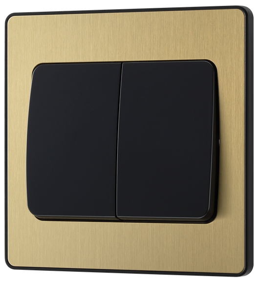 PCDSB42WB Front - This Evolve Satin Brass 20A 16AX double light switch from British General can operate 2 different lights, whilst the 2 way switching allows a second switch to be added to the circuit to operate the same light from another location (e.g. at the top and bottom of the stairs).