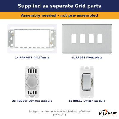 BG Brushed Steel Screwless Flat Plate 4 Gang Light Switch 3x Dual Mode LED Dimmer 1x 2 Way Custom Switch - Supplied as Separate Grid Parts (Assembly Needed)