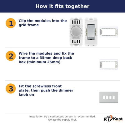 BG Brushed Steel Screwless Flat Plate 4 Gang Light Switch 3x Dual Mode LED Dimmer 1x 2 Way Custom Switch - Supplied as Separate Grid Parts (Assembly Needed)