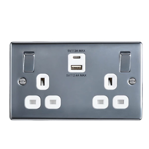 BG NBS22UACW Double 13 Amp Socket Outlet with A and C type USB Charger 3A Switched Socket